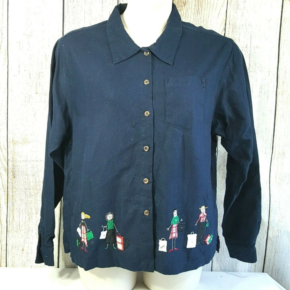 Allyson Whitmore Linen Shirt Sz XL Navy Blue Long